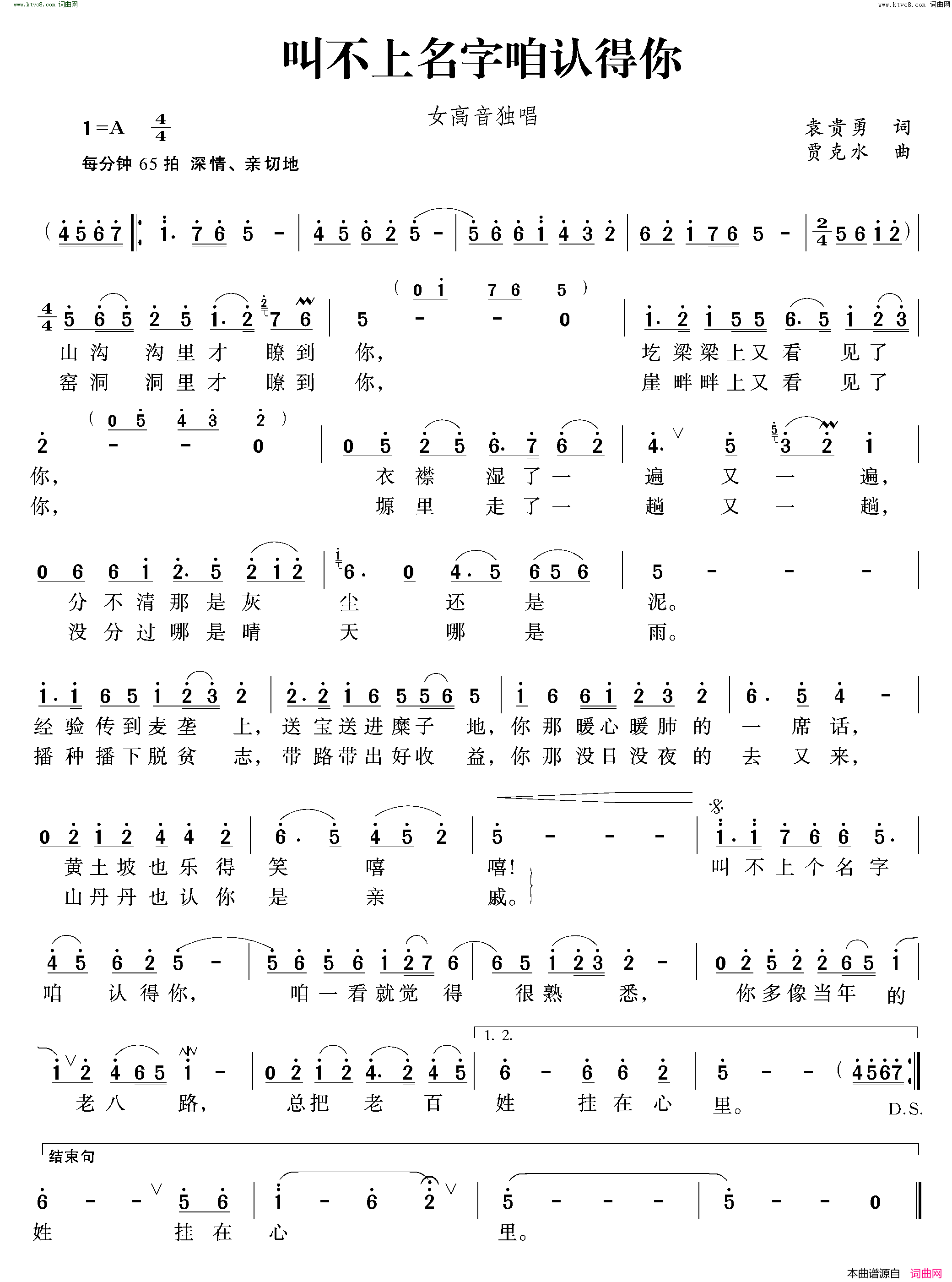 叫不上名字咱认得你简谱_高旭丽演唱_袁贵勇/贾克水词曲