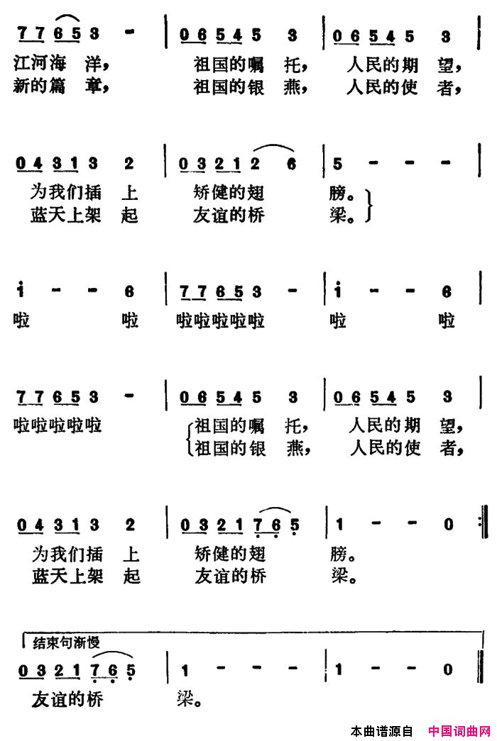 蓝天上架起友谊的桥梁电视片_前进中的北京民航_插曲简谱