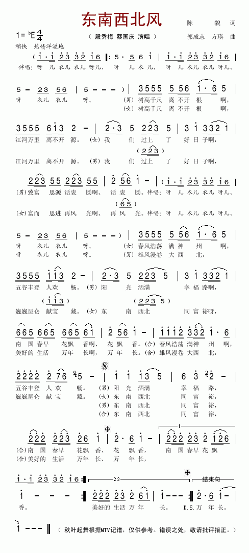 东南西北风简谱_殷秀梅演唱
