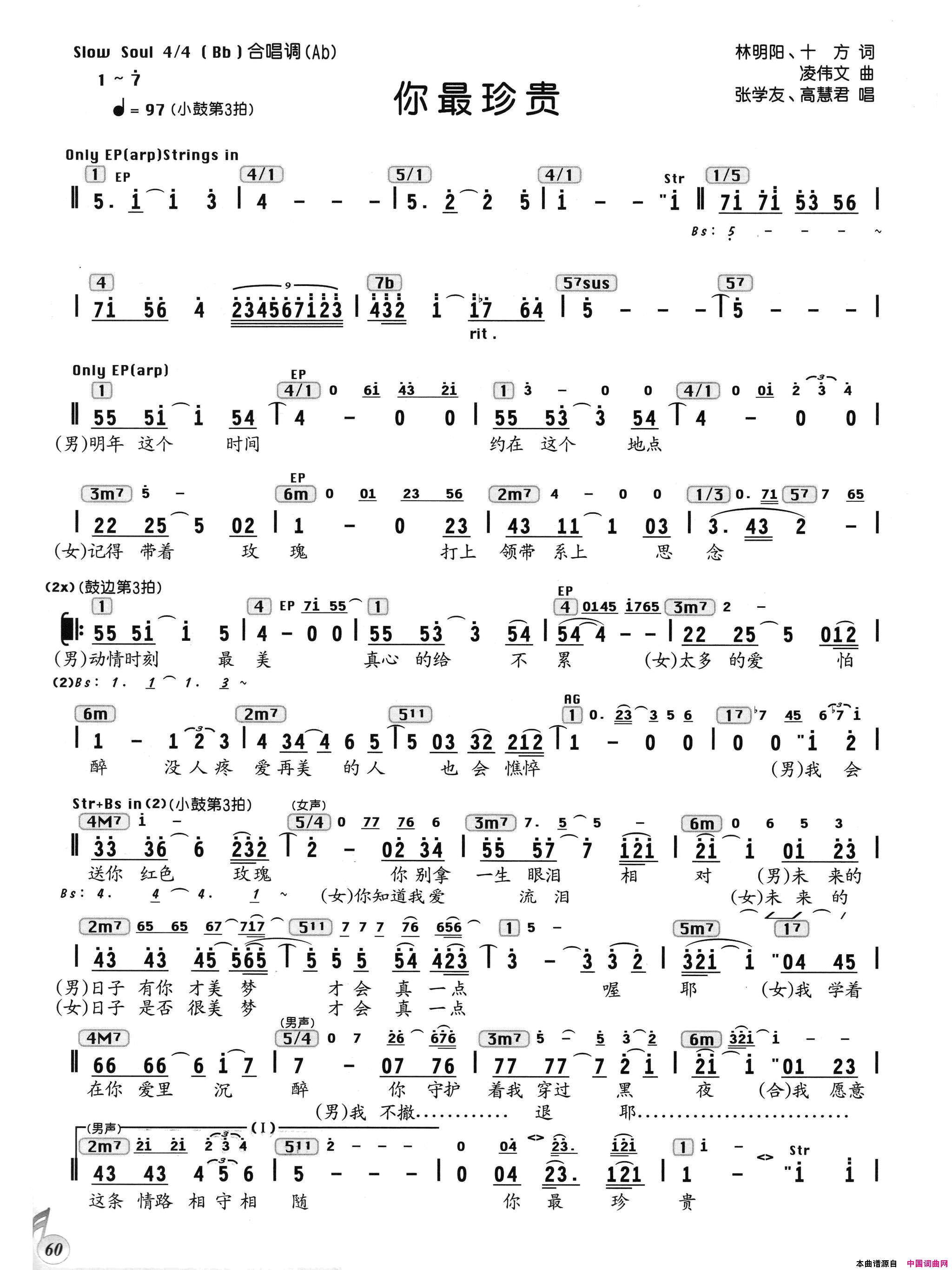 你最珍贵编配乐谱简谱_张学友演唱_林明阳、十方/凌伟文词曲