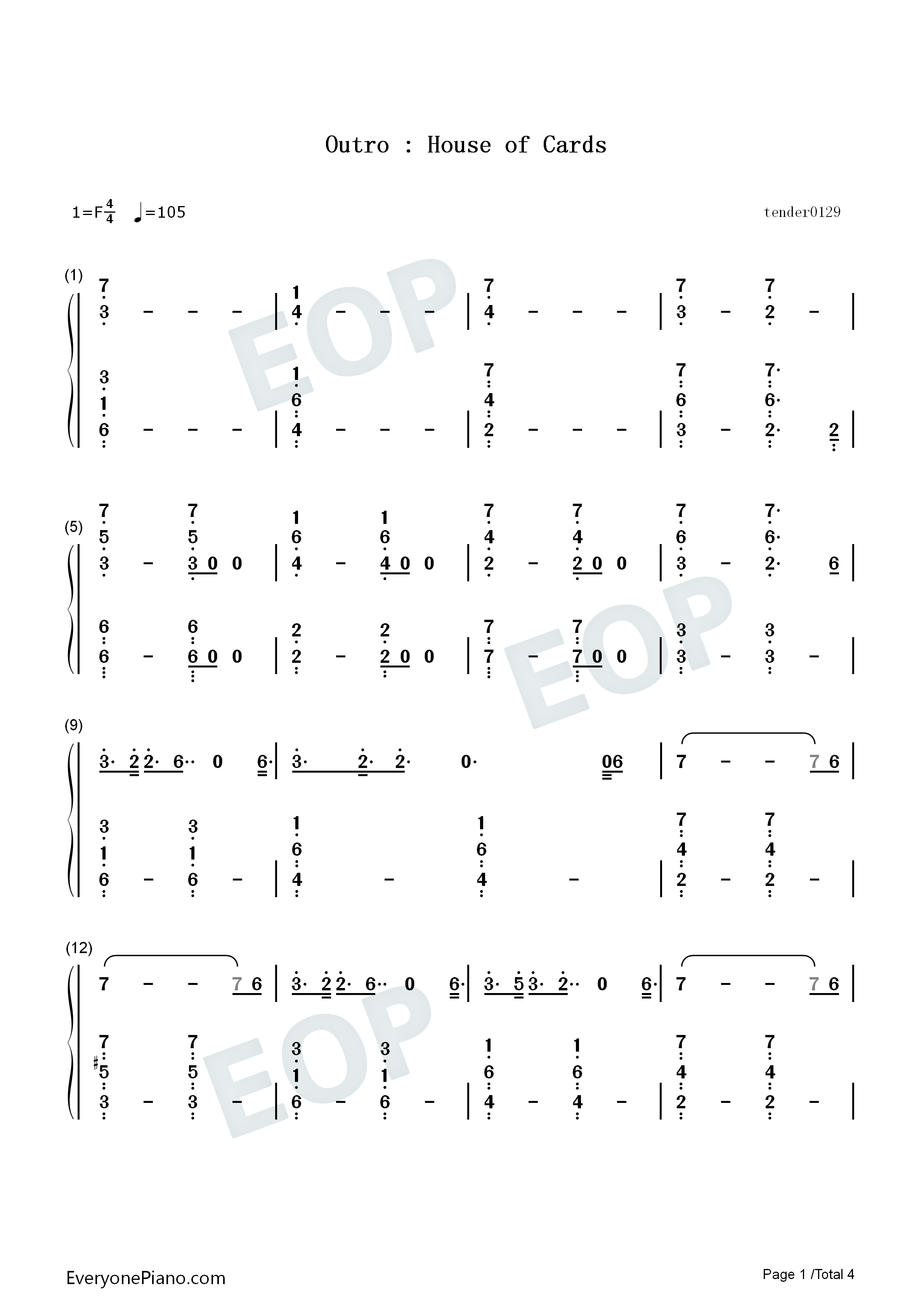 Outro_House_of_Cards钢琴简谱_防弹少年团_BTS演唱