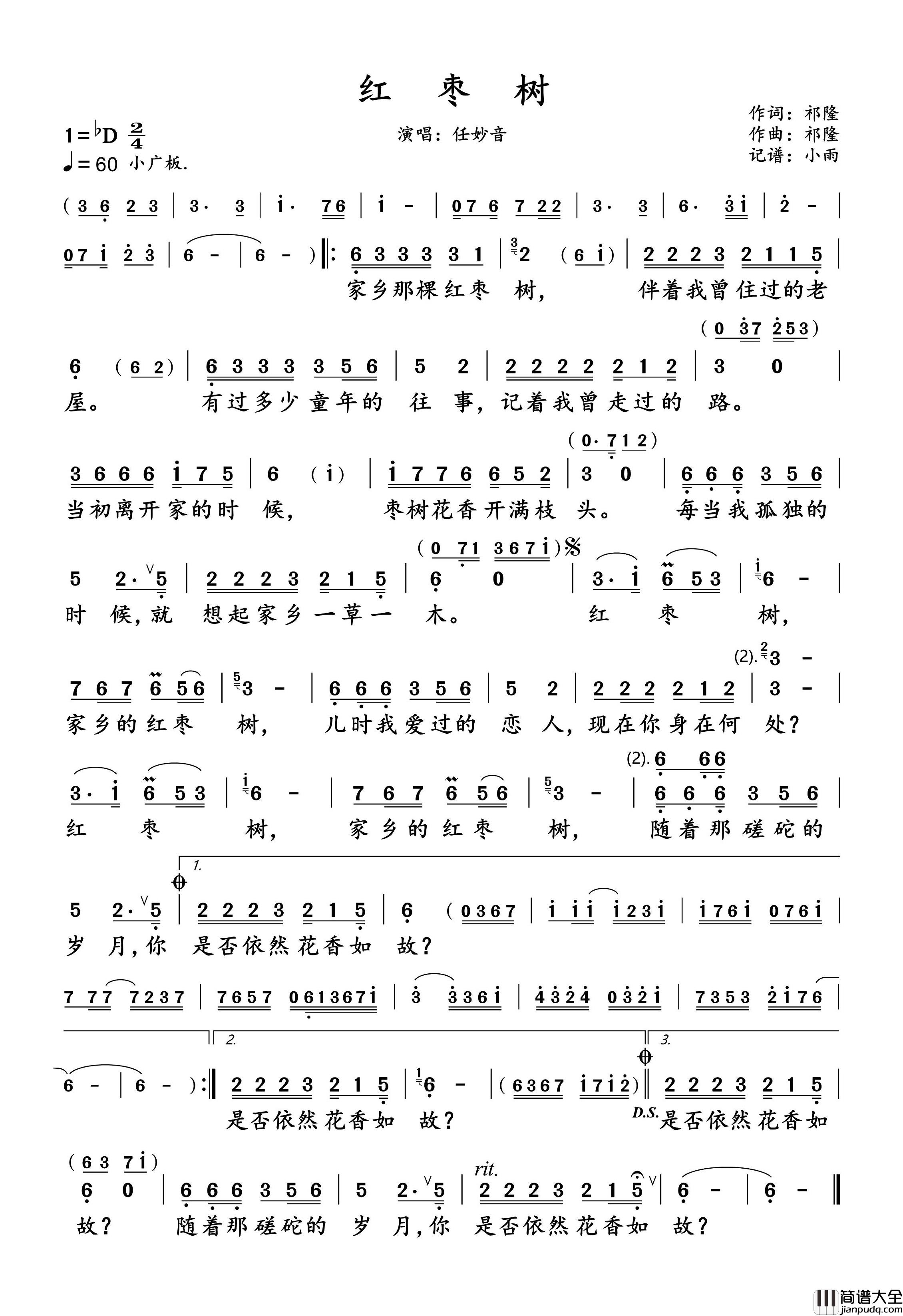 红枣树简谱_任妙音演唱_小雨制谱