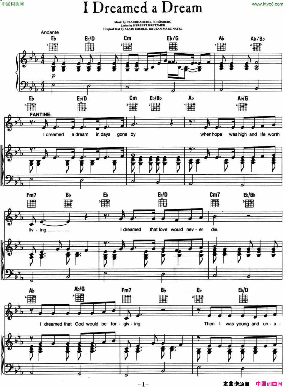 IDreamedaDream_音乐剧_悲惨世界_Les_Miserables选曲、正谱简谱