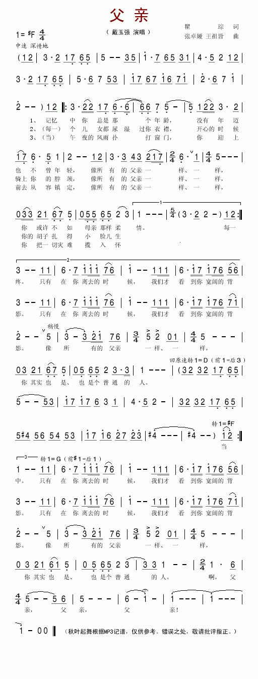 父亲简谱_戴玉强演唱_瞿琮/张卓娅、王祖皆词曲