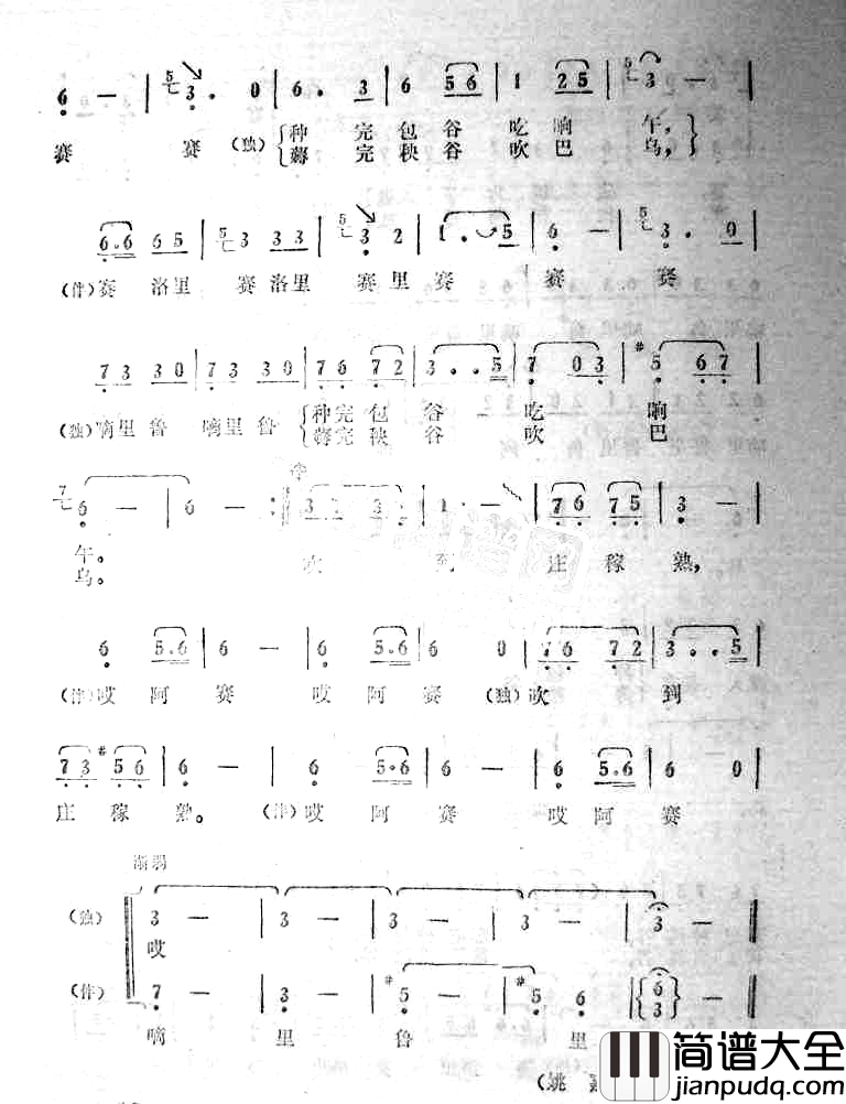 多情的巴乌独唱,伴唱简谱_姚嘉演唱