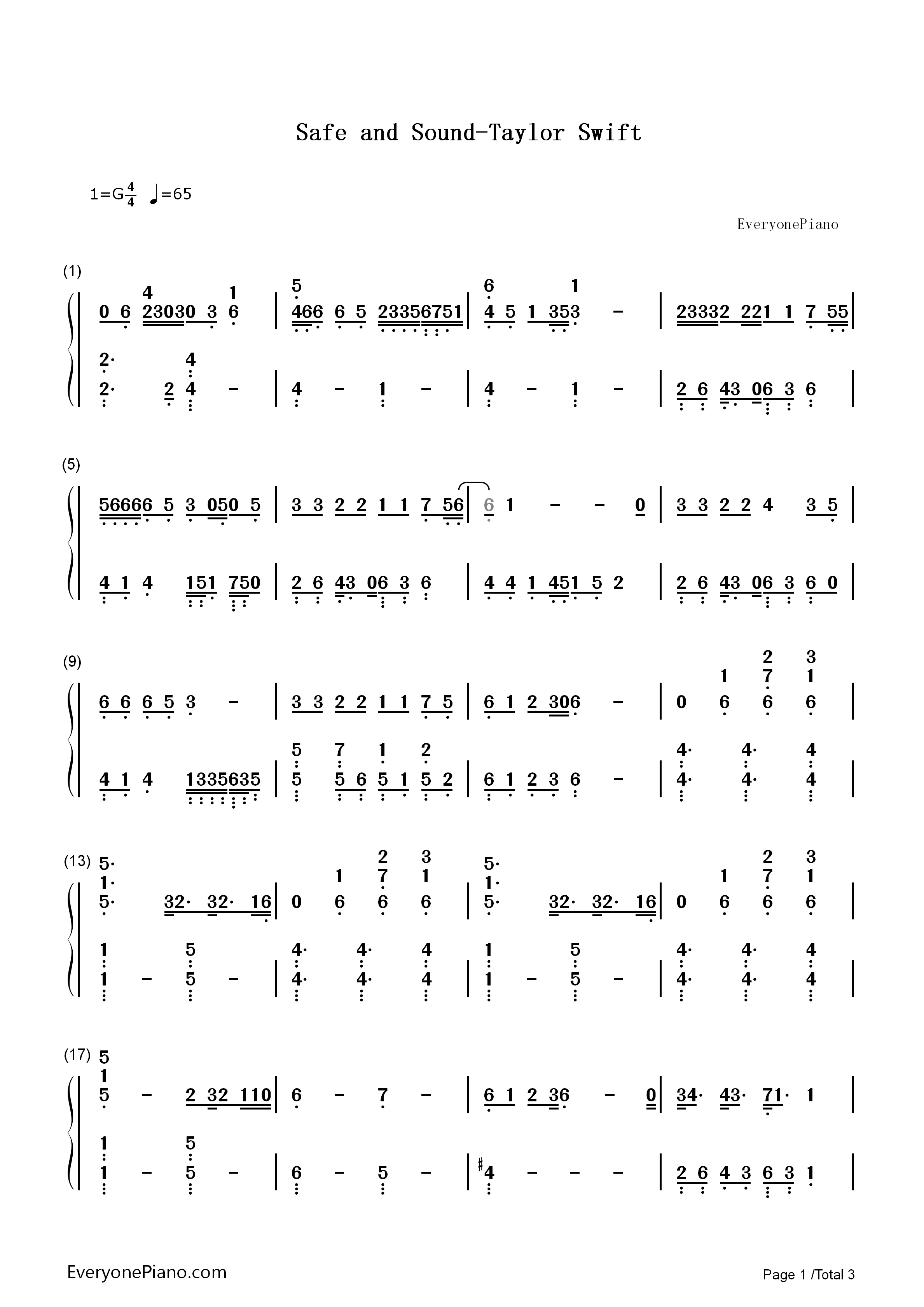 Safe_and_Sound(安然无恙Taylor_Swift)钢琴简谱_Taylor_Swift__泰勒·斯威夫特演唱