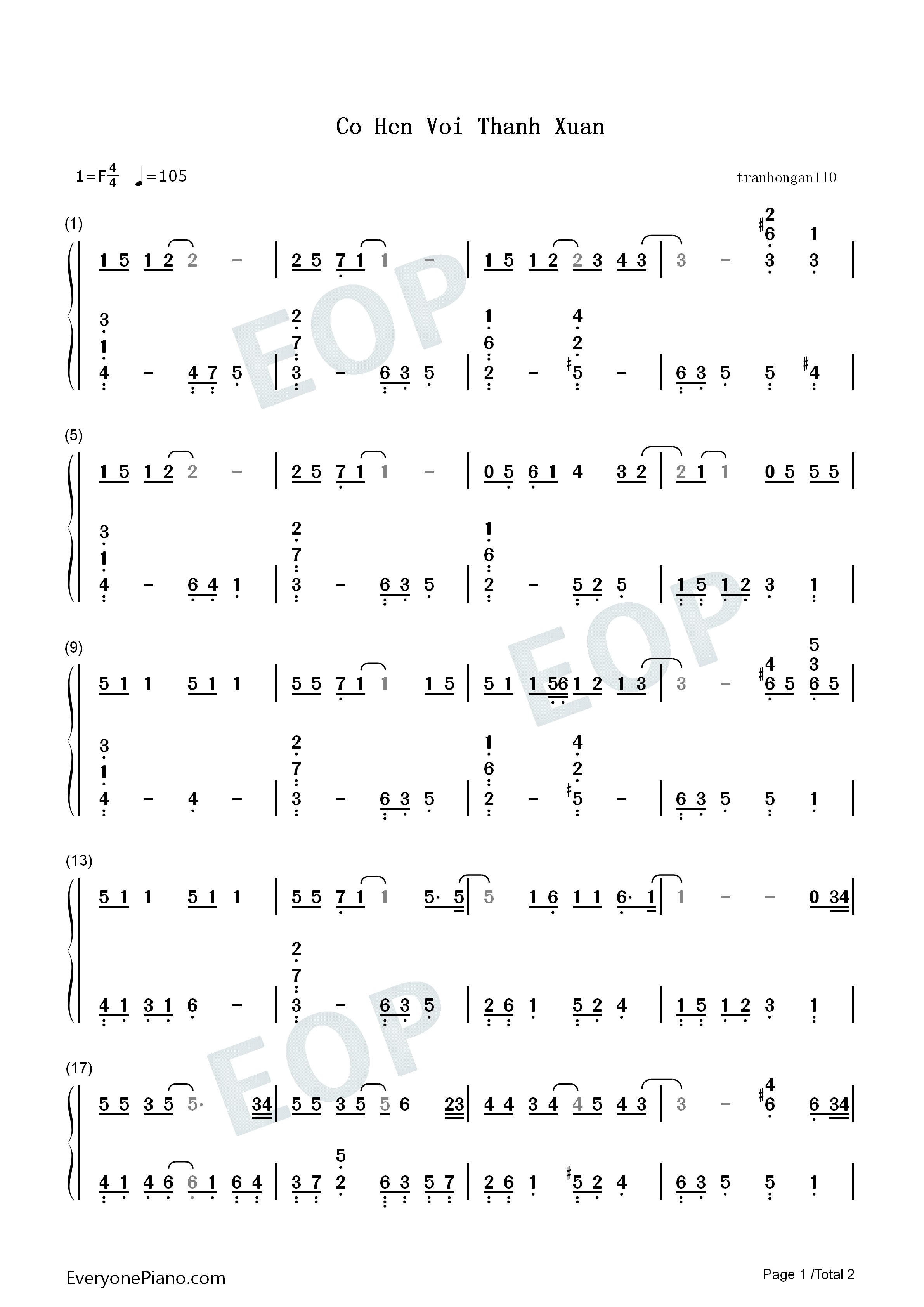 Có_Hẹn_Với_Thanh_Xuân钢琴简谱_Monstar_Grey_D演唱