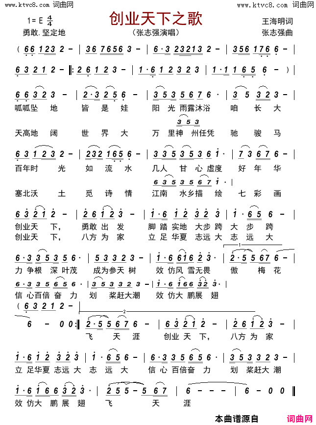 创业天下之歌简谱_张志强演唱_王海明/张志强词曲
