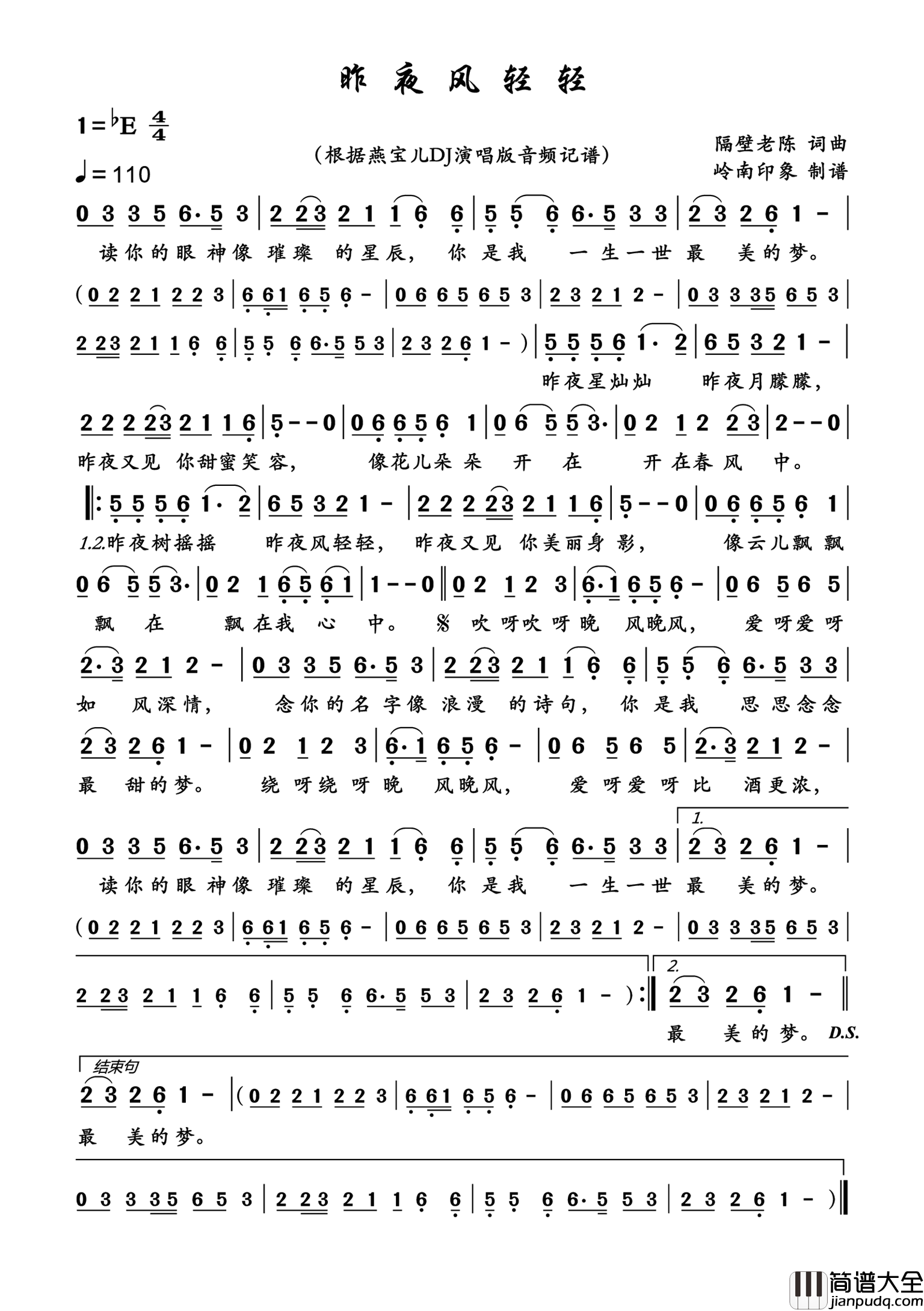 昨夜风轻轻简谱_燕宝儿演唱_岭南印象制作曲谱