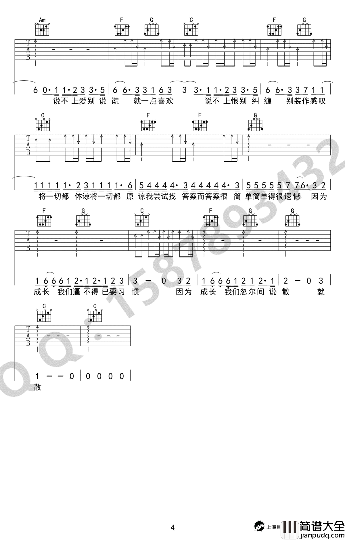 说散就散吉他谱_袁娅维_C调简单版_前任3主题曲_图片谱