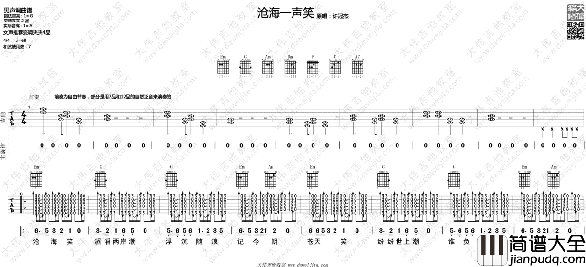 沧海一声笑吉他谱_许冠杰_高清六线谱_吉他弹唱教学演示