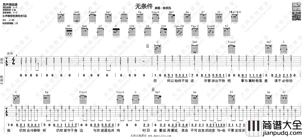 无条件吉他谱_陈奕迅_无条件_C调弹唱谱_吉他教学视频