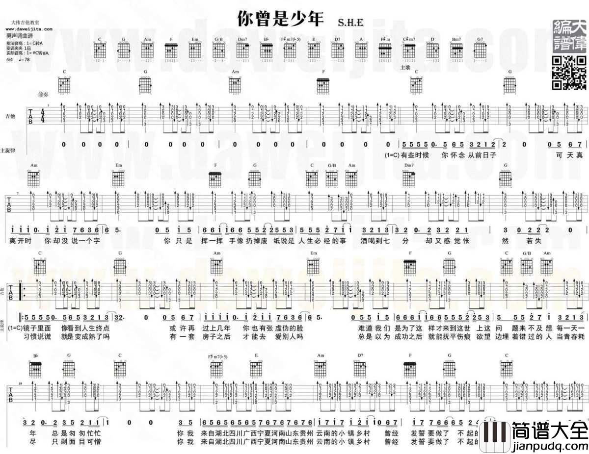 你曾是少年吉他谱_SHE_男声版六线谱