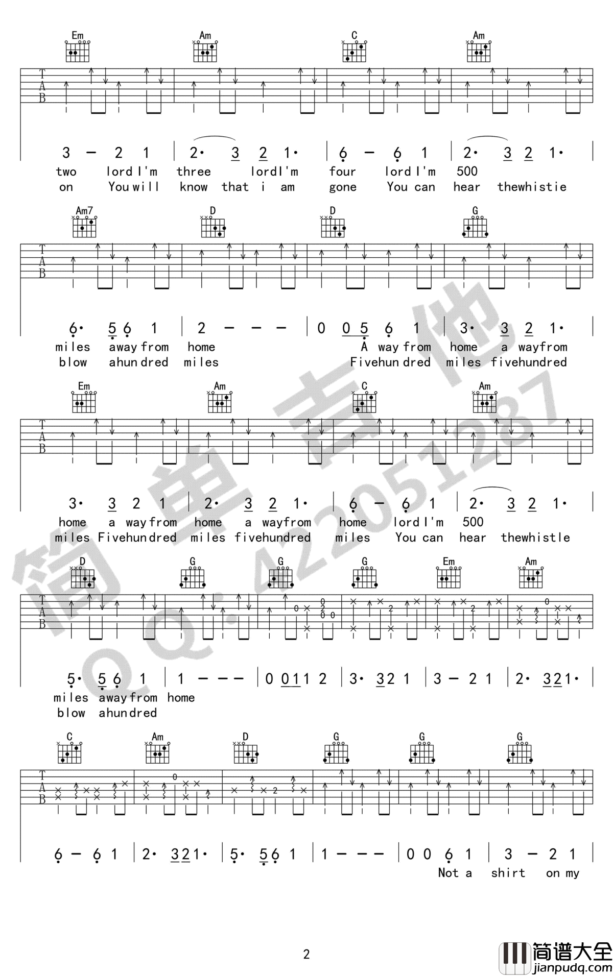 500_miles吉他谱_醉乡民谣_离家五百里_六线谱_G调原版