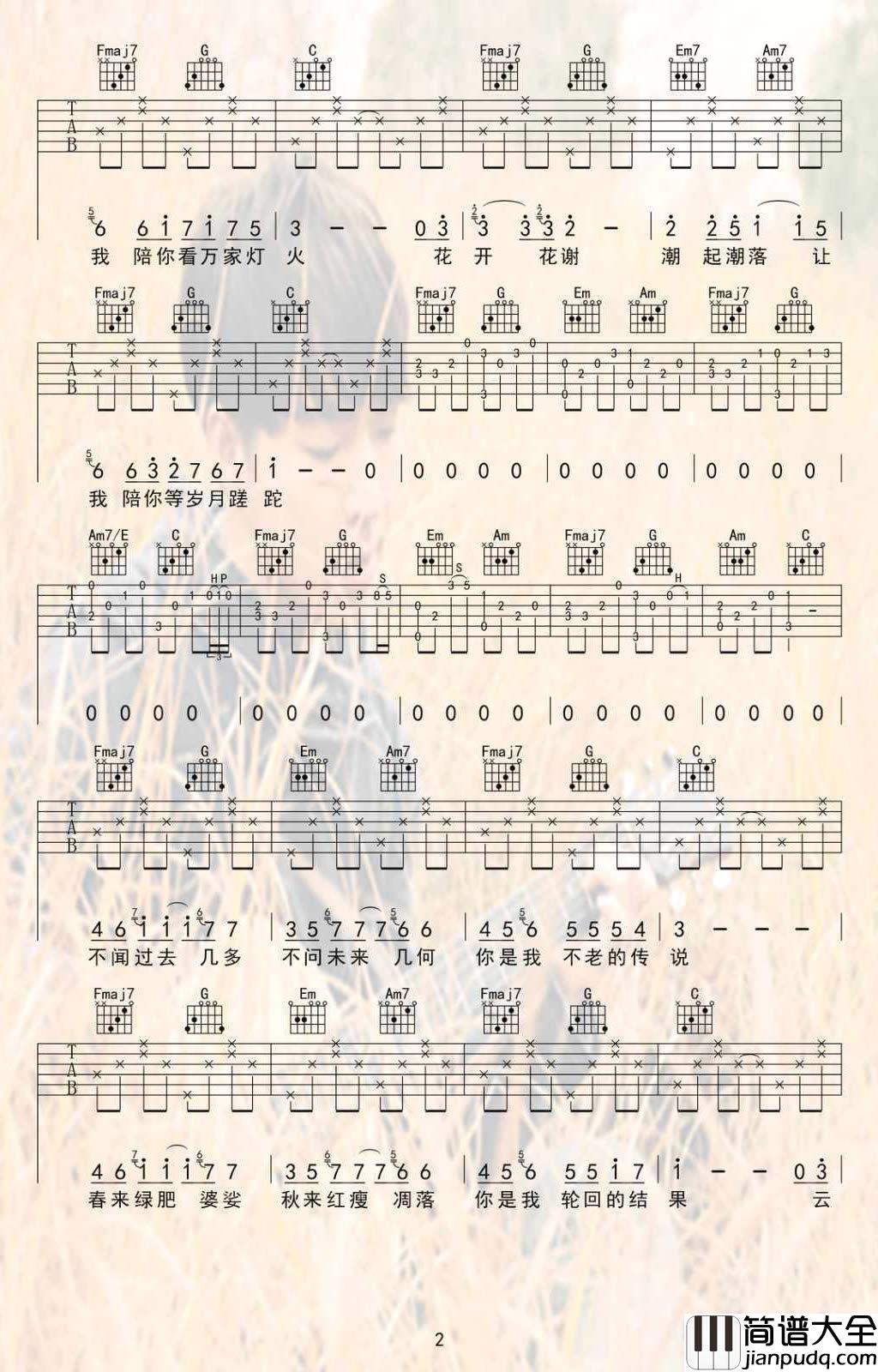 陪你看万家灯火吉他谱_夏沙_高清弹唱谱_C调原版六线谱