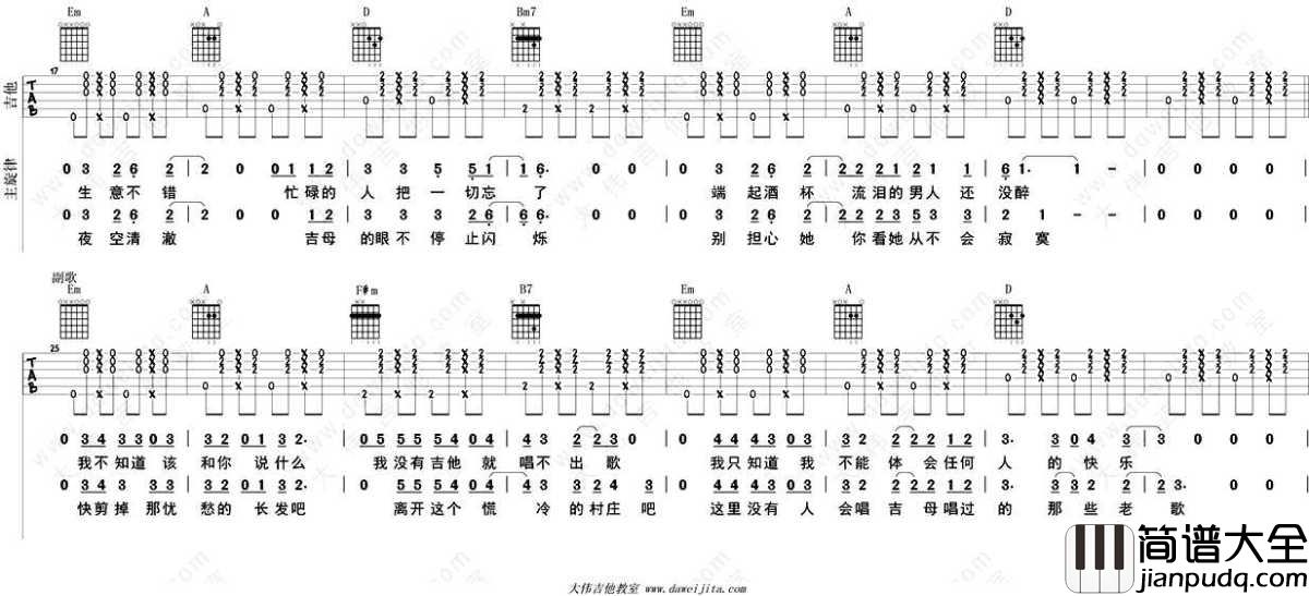 吉姆餐厅吉他谱_D调指法_赵雷_吉他弹唱教学讲解_六线谱完整版