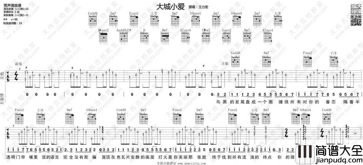 大城小爱吉他谱_C转D调_王力宏_弹唱教学视频