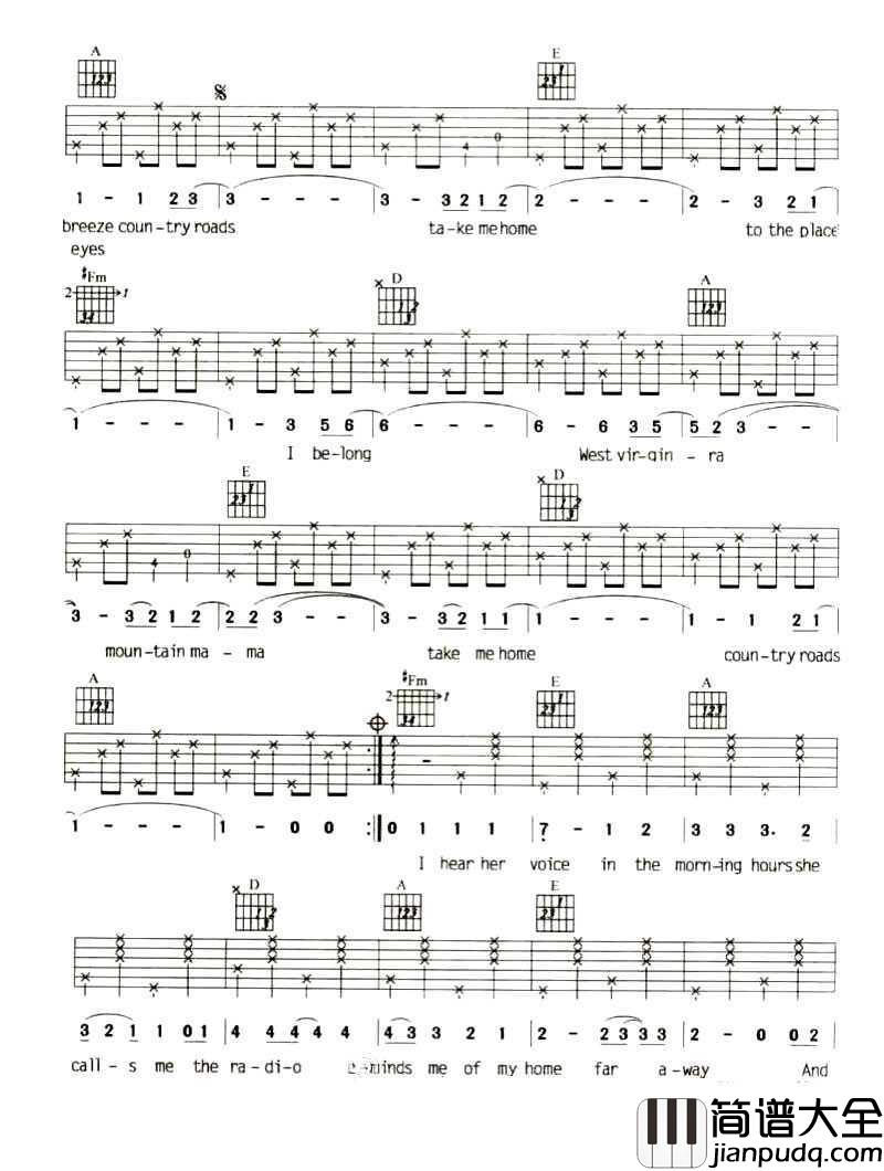 Take_Me_Home_Country_Road吉他谱_乡村路带我回家六线谱