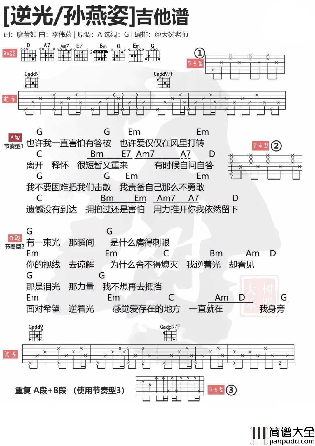 逆光吉他谱_孙燕姿_总有一首孙燕姿,让你眼角湿润