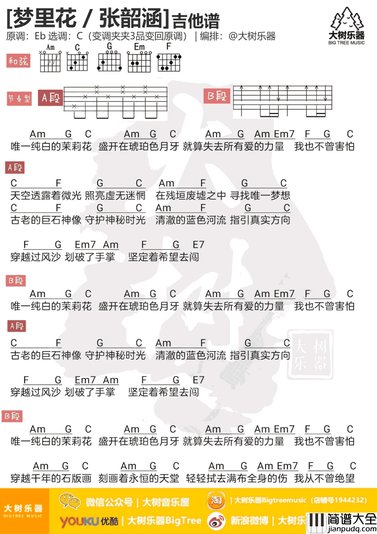 梦里花吉他谱_张韶涵_C调指法弹唱谱__歌手_节目曲谱