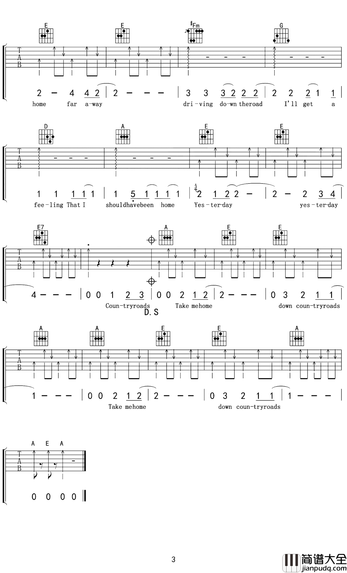 Take_me_home_country_roads吉他谱_约翰丹佛_让你感受到家乡的温暖