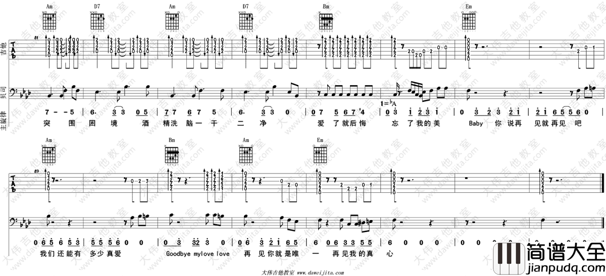 再见前任吉他谱_冯提莫_前任3_宣传曲_吉他弹唱视频