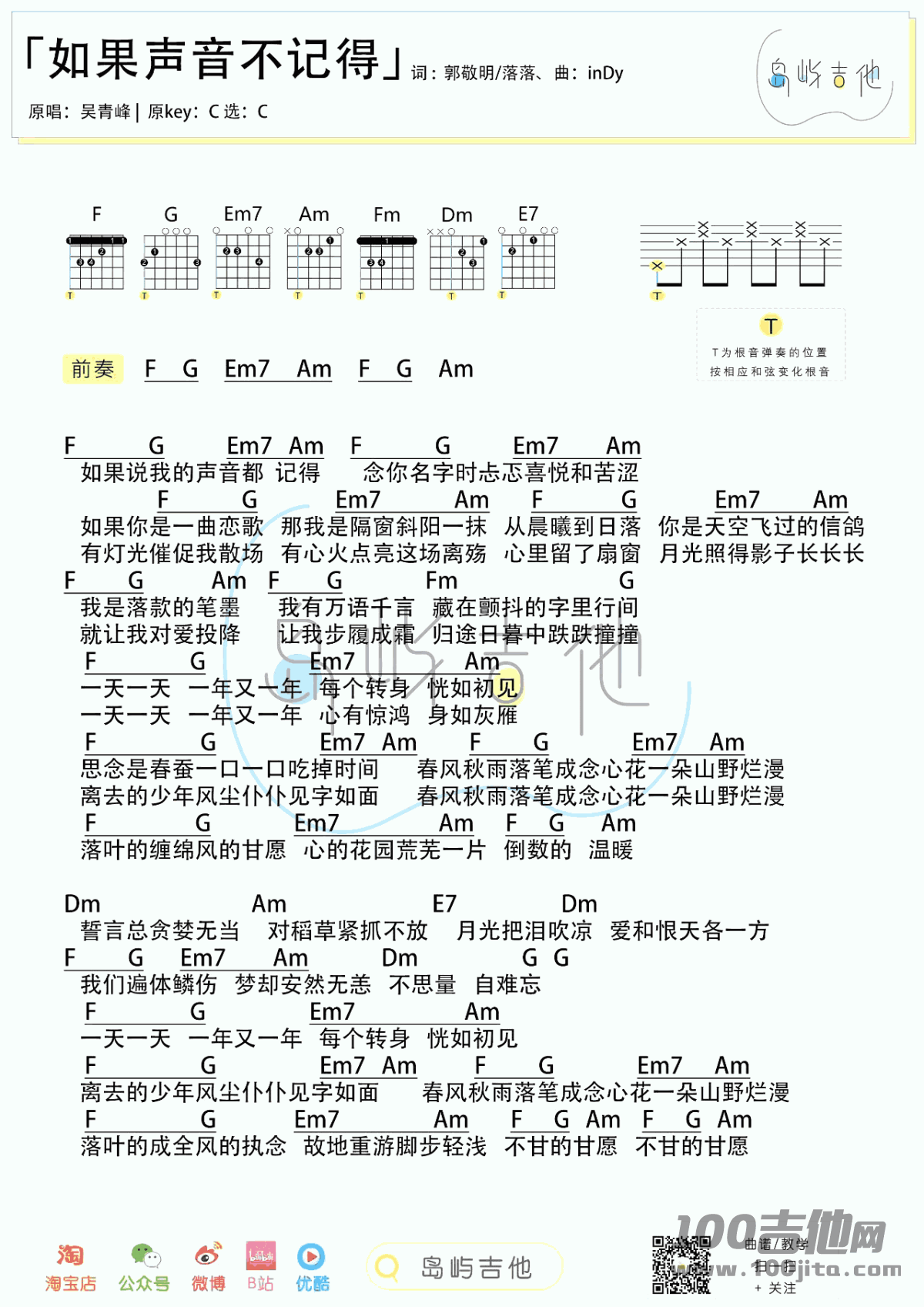 如果声音不记得吉他谱_吴青峰_C调吉他伴奏弹唱