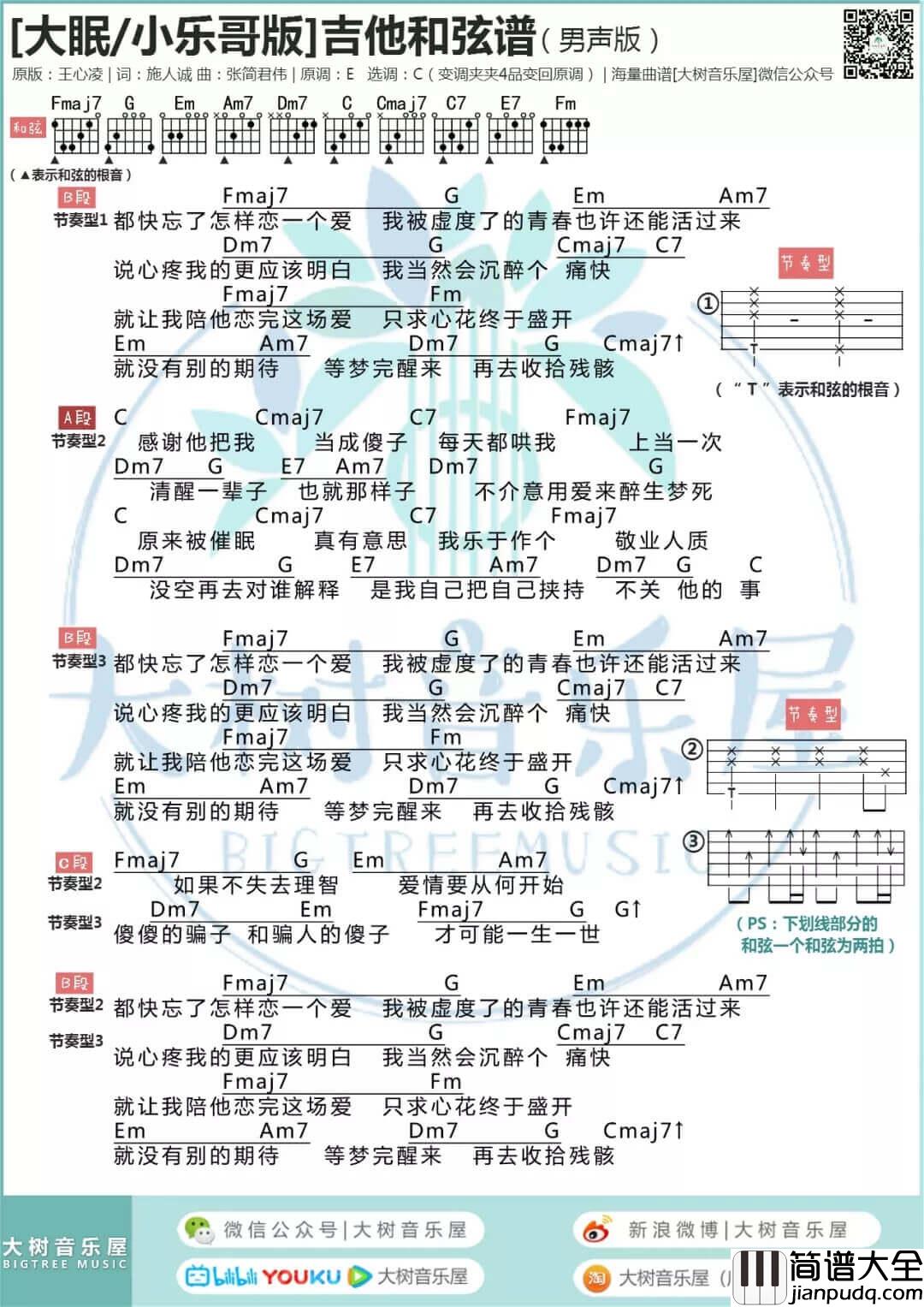 _大眠_吉他谱_王心凌_C调和弦谱_大树音乐屋