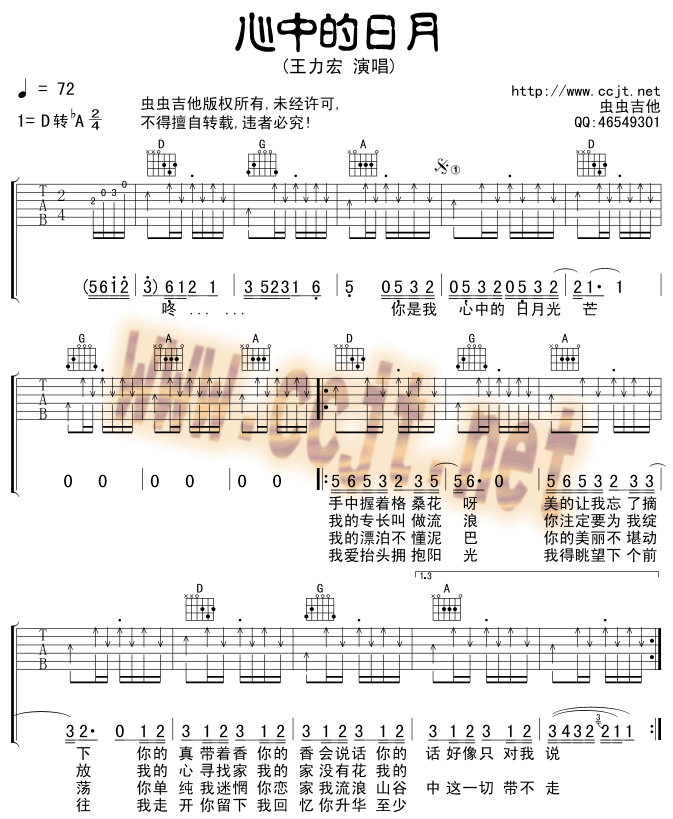 心中的日月吉他谱_D调_王力宏