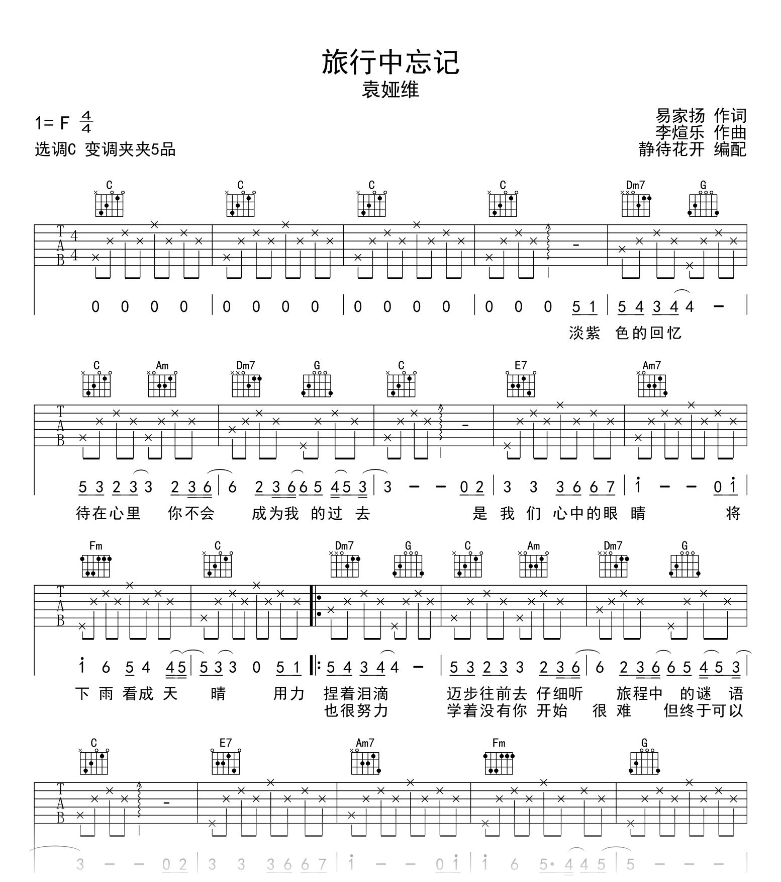 旅行中忘记吉他谱_袁娅维_C调弹唱六线谱