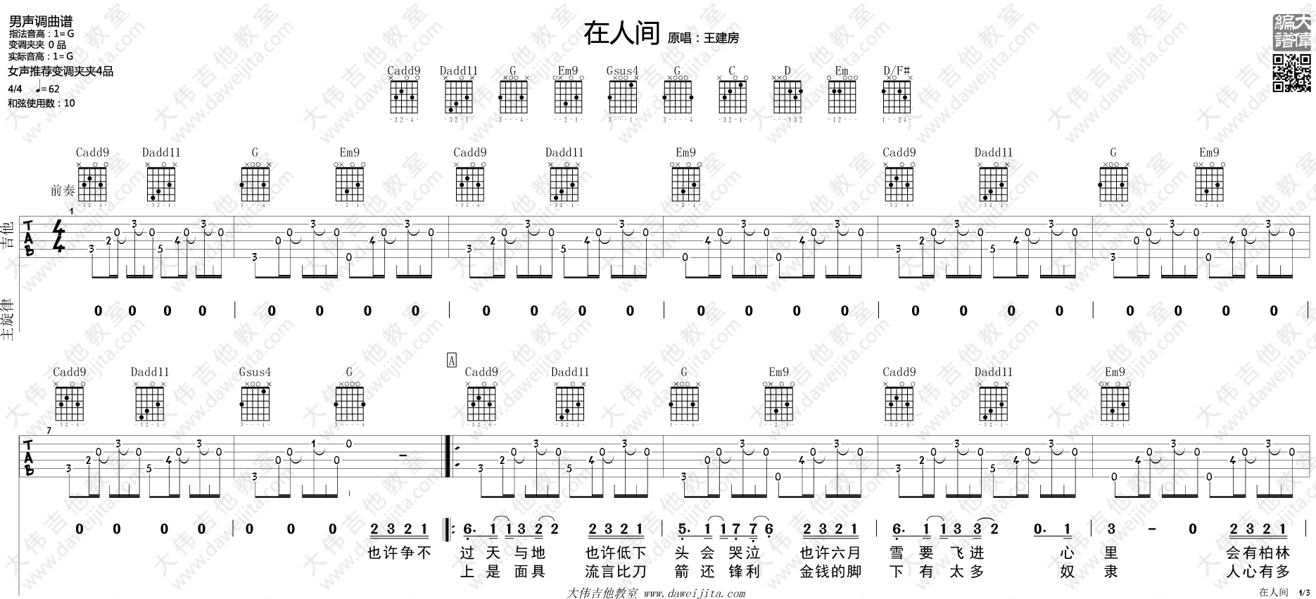 在人间吉他谱_王建房_What_are_words_中文版_吉他弹唱教学