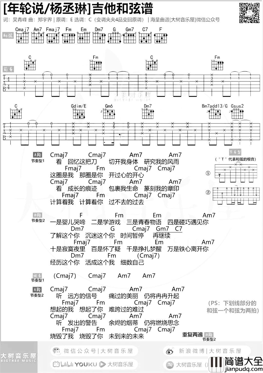 年轮说吉他谱_C调杨丞琳_弹唱教学视频