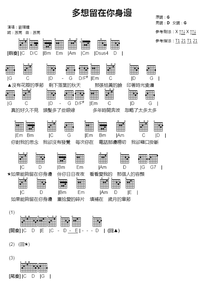 多想留在你身边吉他谱_刘增瞳_G调和弦弹唱谱_六线谱