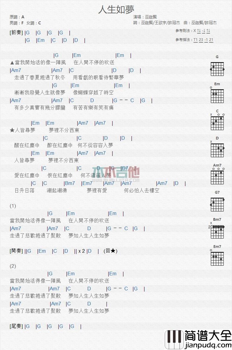 人生如梦_吉他谱_巫启贤