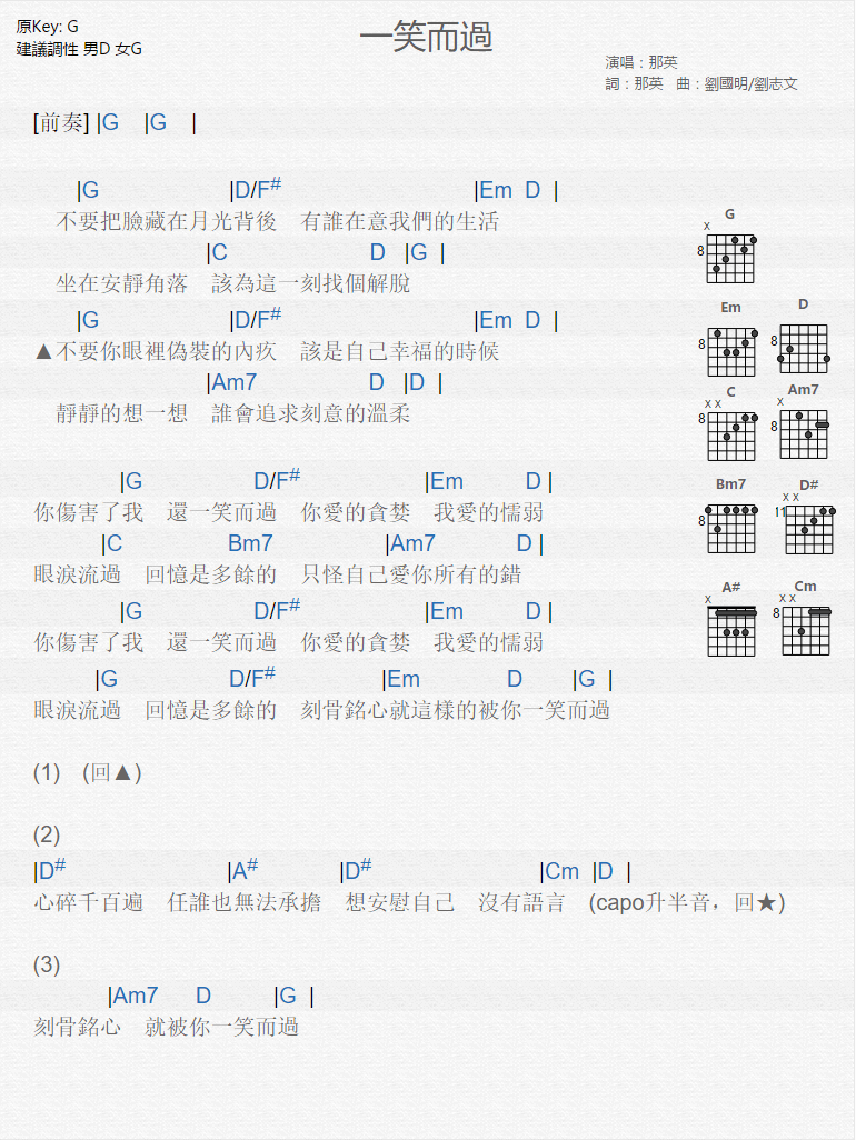 一笑而过吉他谱_G调和弦谱_那英