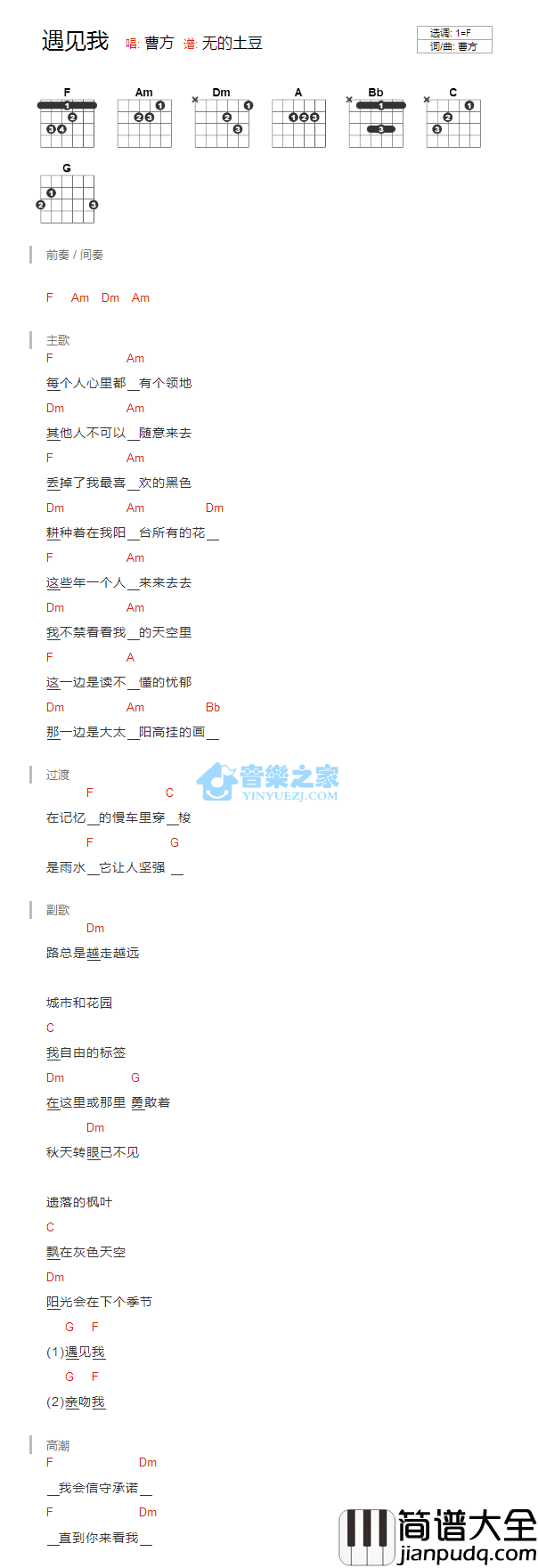 遇见我吉他谱_F调版_曹方