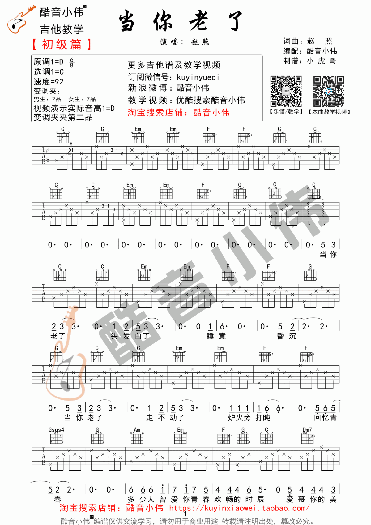 当你老了吉他谱_C调_赵照