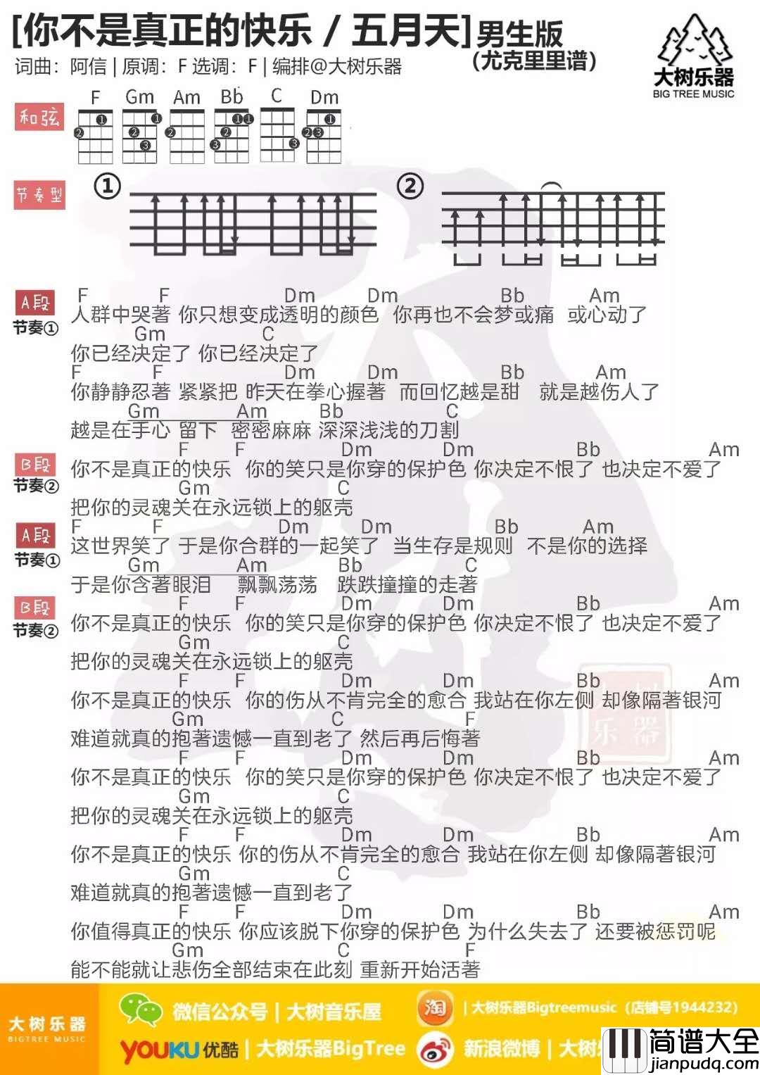 你不是真正的快乐_F调吉他谱_五月天