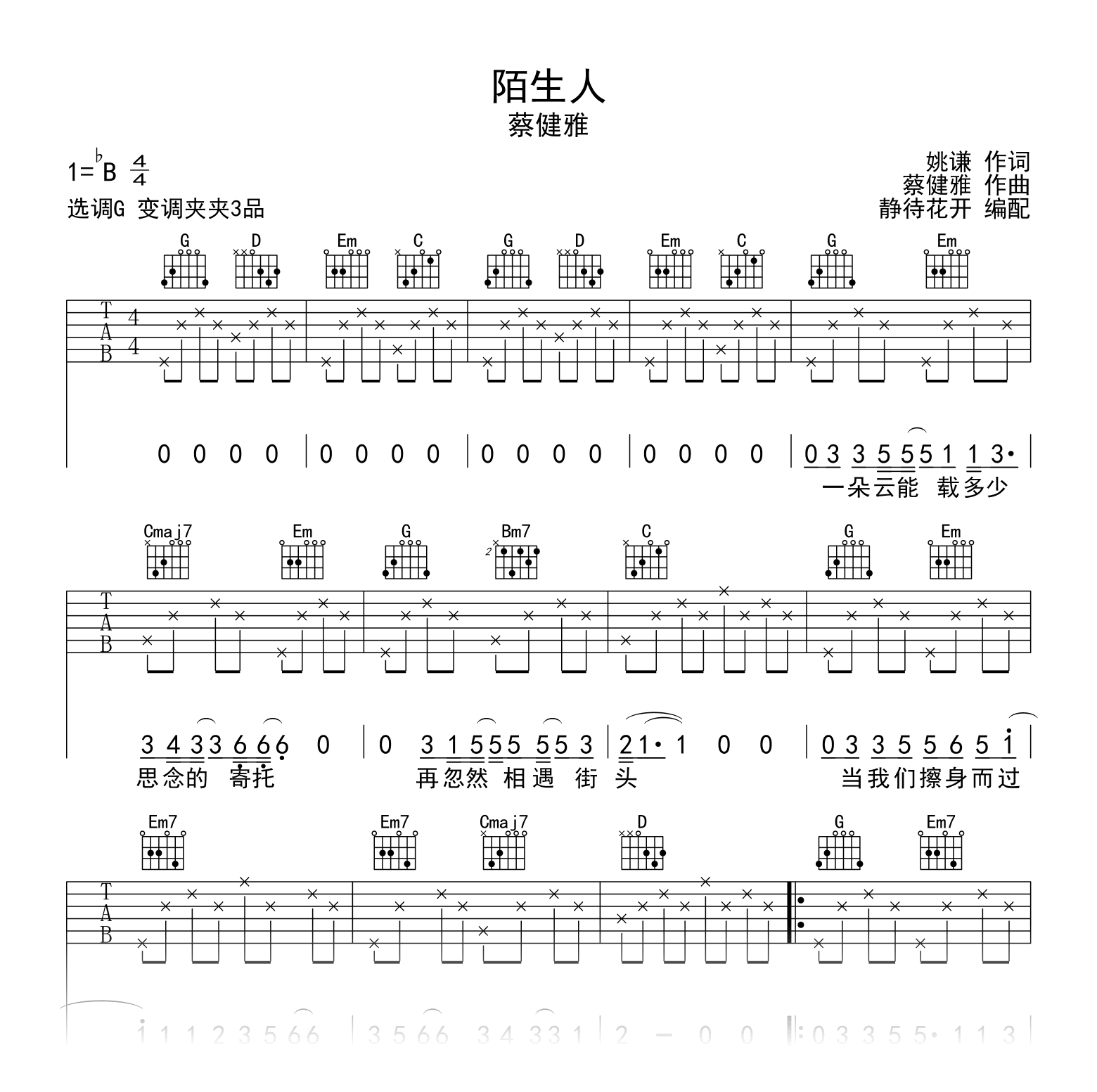 陌生人吉他谱_蔡健雅_G调弹唱谱_高清六线谱