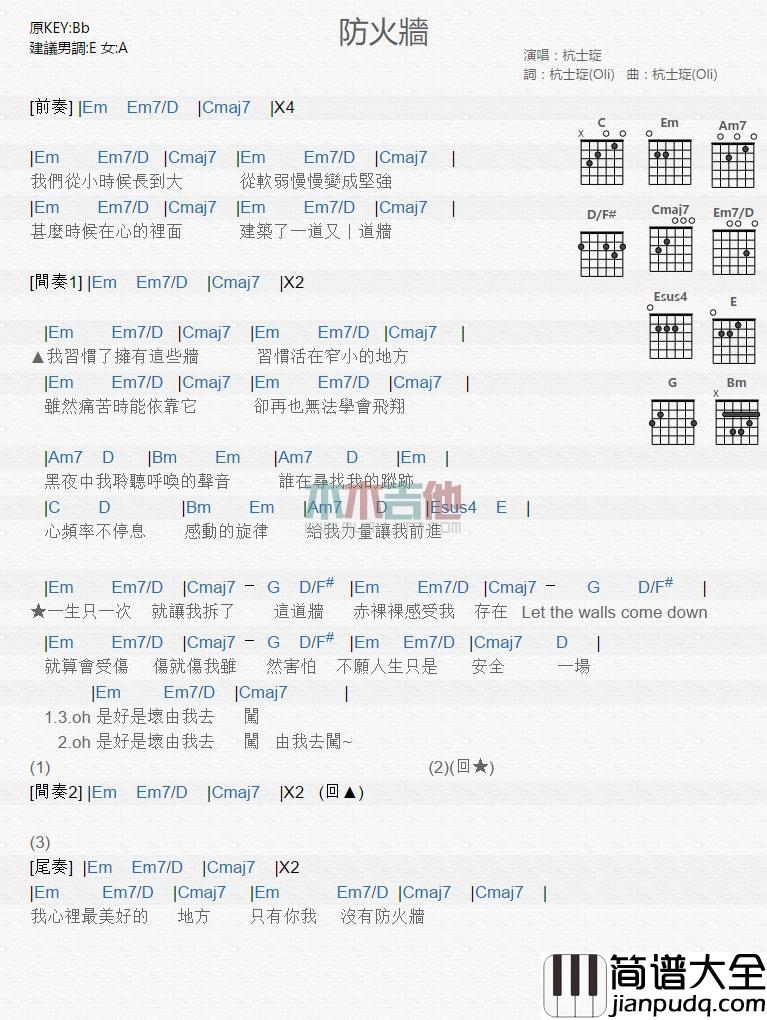 防火墙吉他谱_杭士琁_吉他伴奏弹唱谱