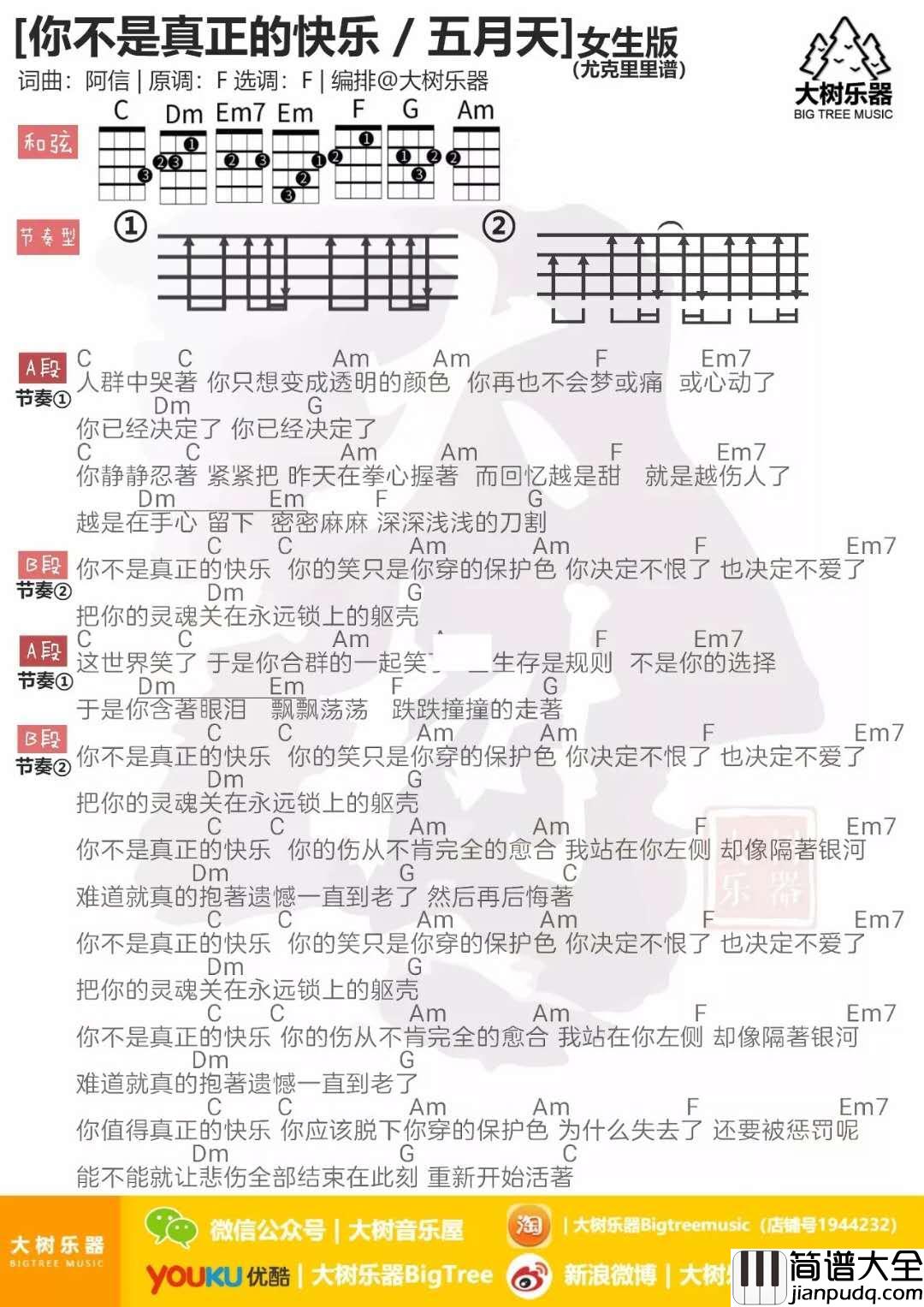 你不是真正的快乐_F调吉他谱_五月天