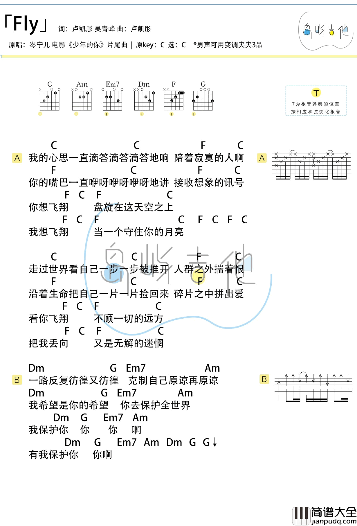 FLY吉他谱_岑宁儿_C调六线谱__少年的你_片尾曲