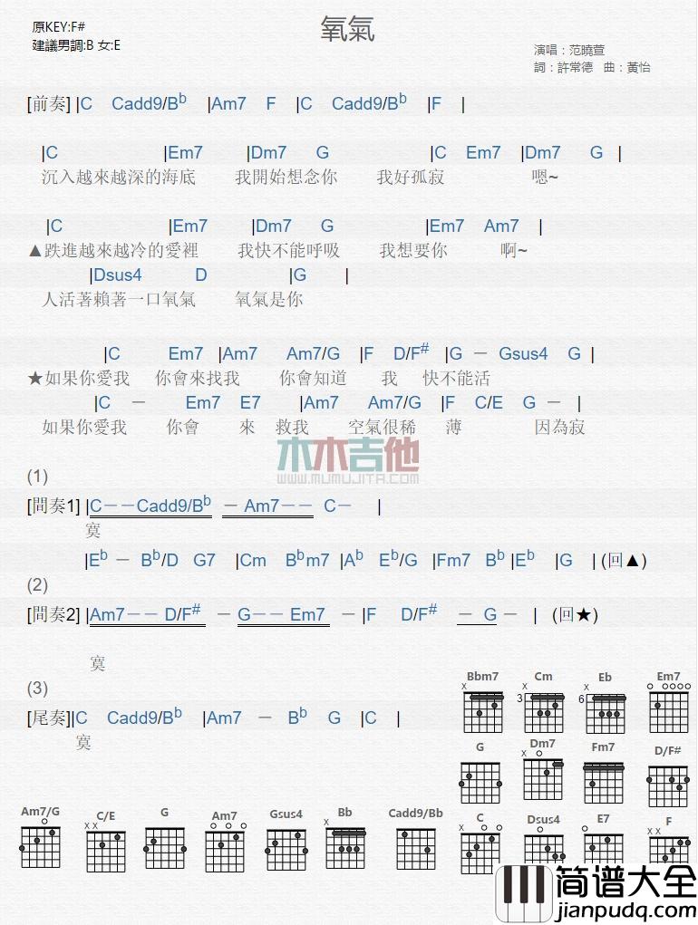 氧气_吉他谱_范晓萱