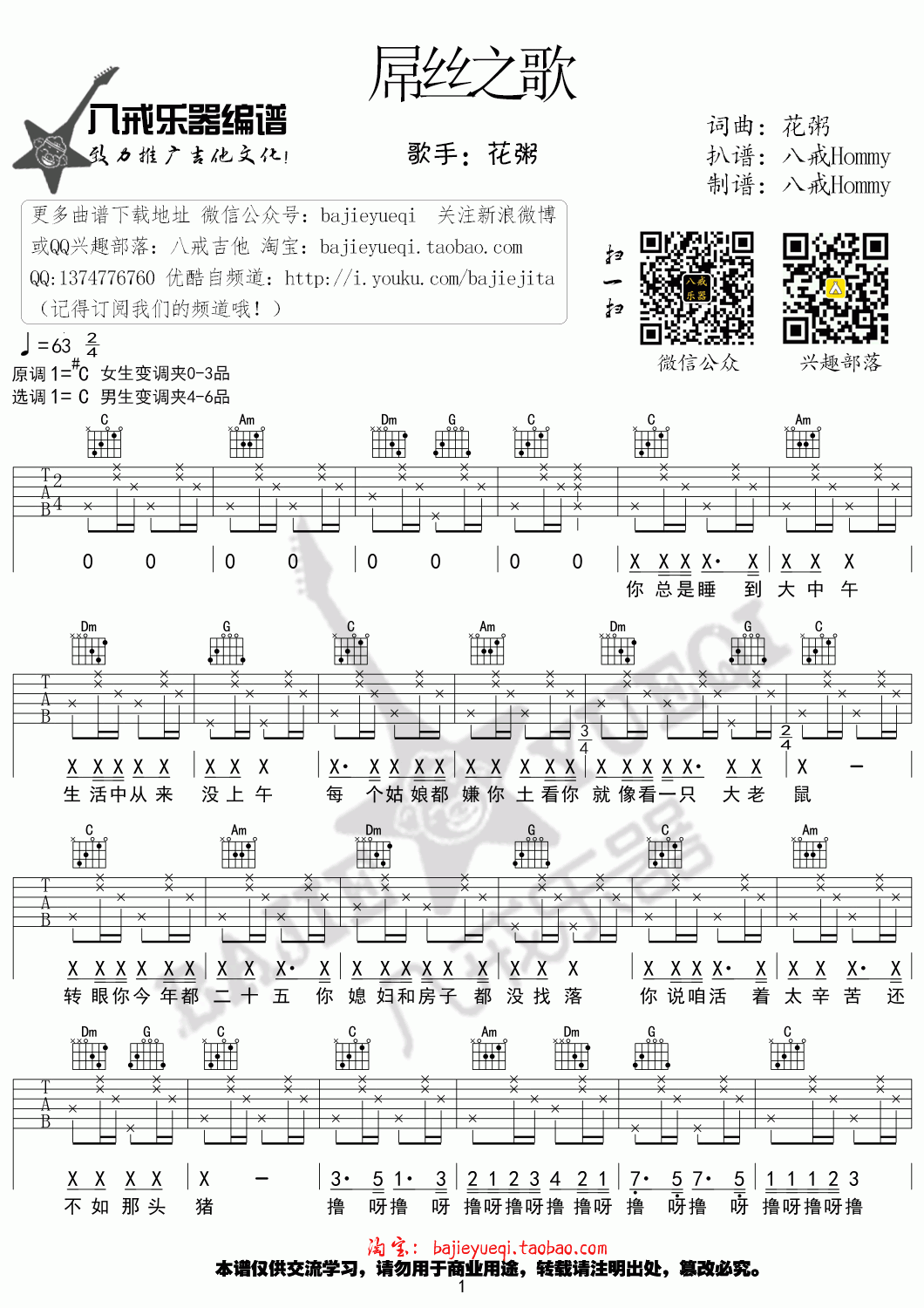 屌丝之歌_吉他谱_花粥