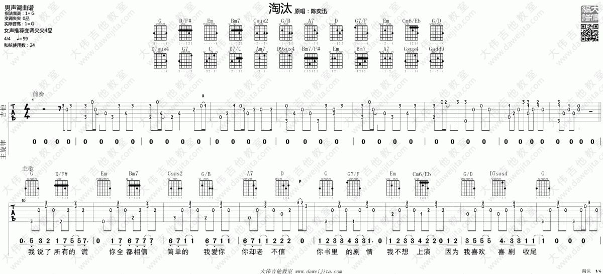 淘汰吉他谱歌手陈奕迅G调