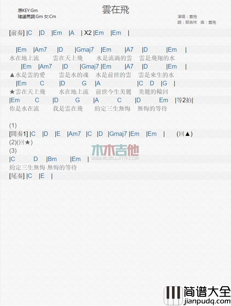 云在飞_吉他谱_云飞