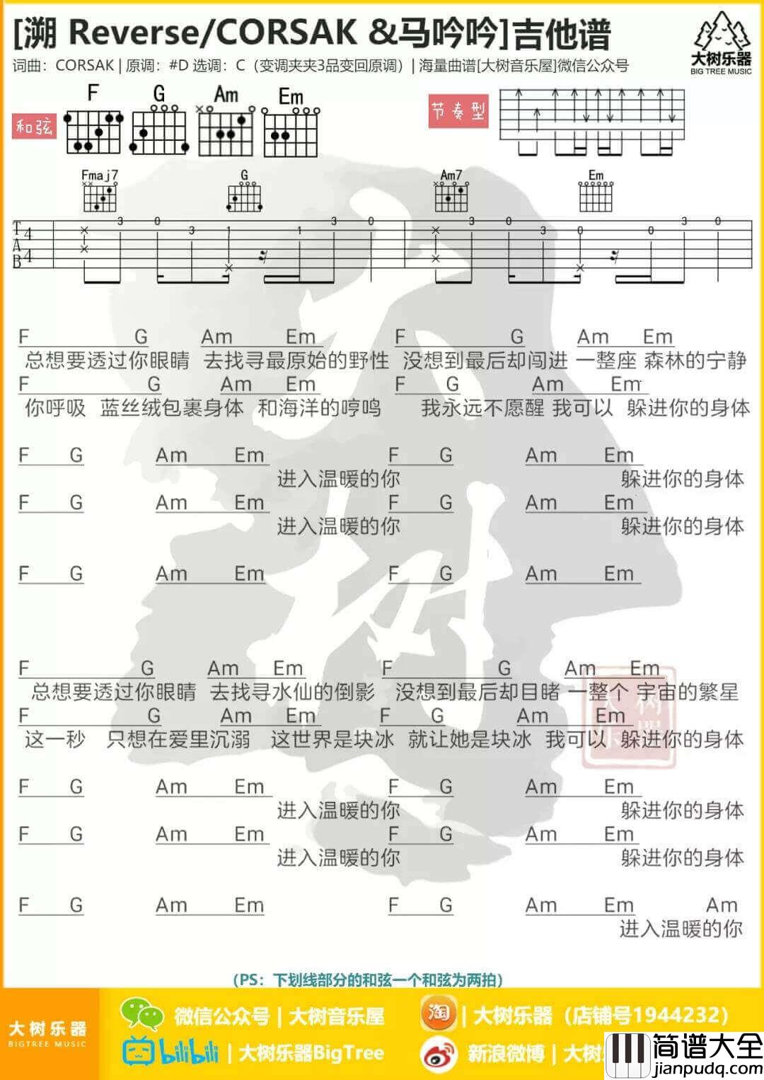溯吉他谱_C调和弦谱_CORSAK