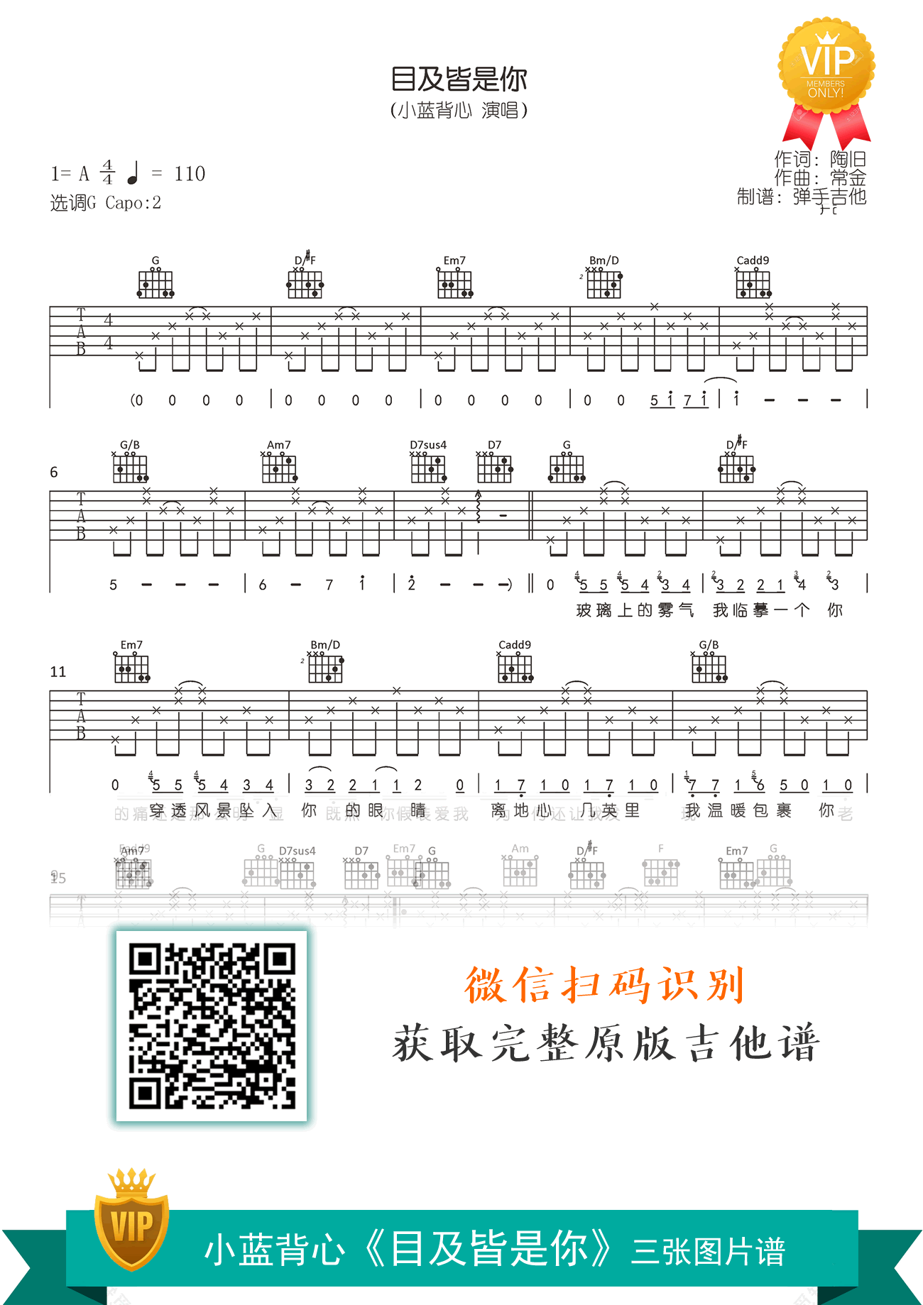 目及皆是你吉他谱_小蓝背心_G调弹唱谱_原版六线谱