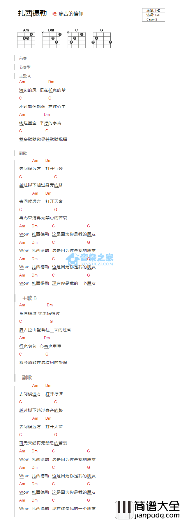 扎西德勒_吉他谱_C调版_痛仰