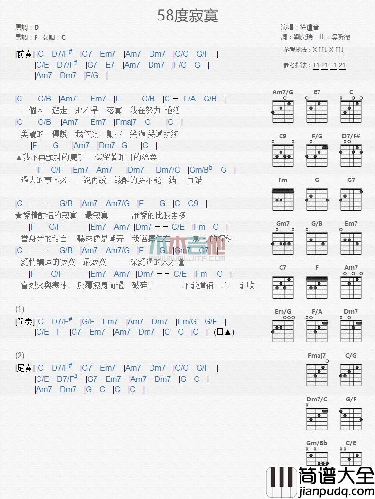 58度寂寞_吉他谱_符琼音